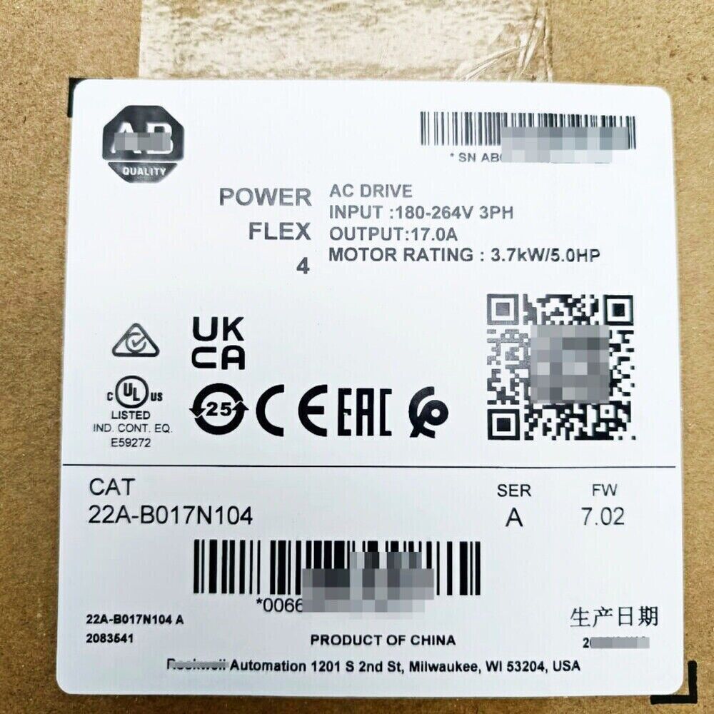 Allen-Bradley PowerFlex 4 AC Drive Label, CAT 22A-B017N104, 3.7kW/5HP, Product of China