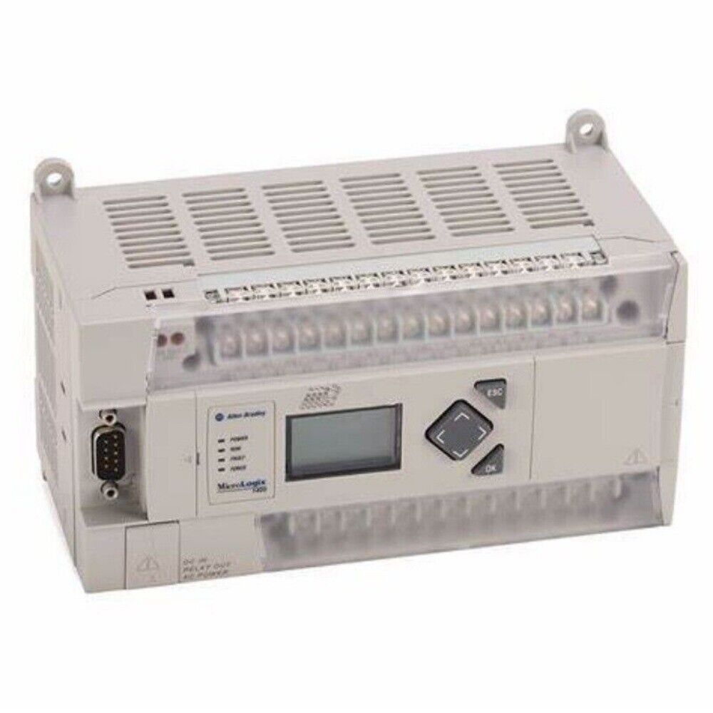 Allen-Bradley MicroLogix 1400 Controller. Compact beige design with integrated LCD, communication ports, and relay outputs.