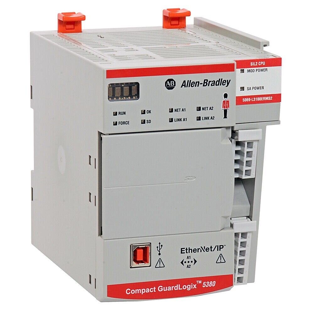 Allen-Bradley 5069-L3100ERMS2 Compact GuardLogix 5380 Safety Controller, gray PLC module with orange accents.