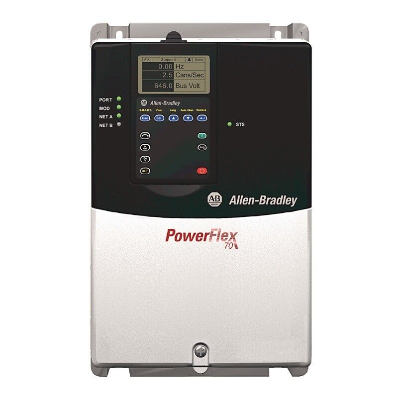 Allen-Bradley PowerFlex 70 AC Drive, displaying operational data on an LCD screen.
