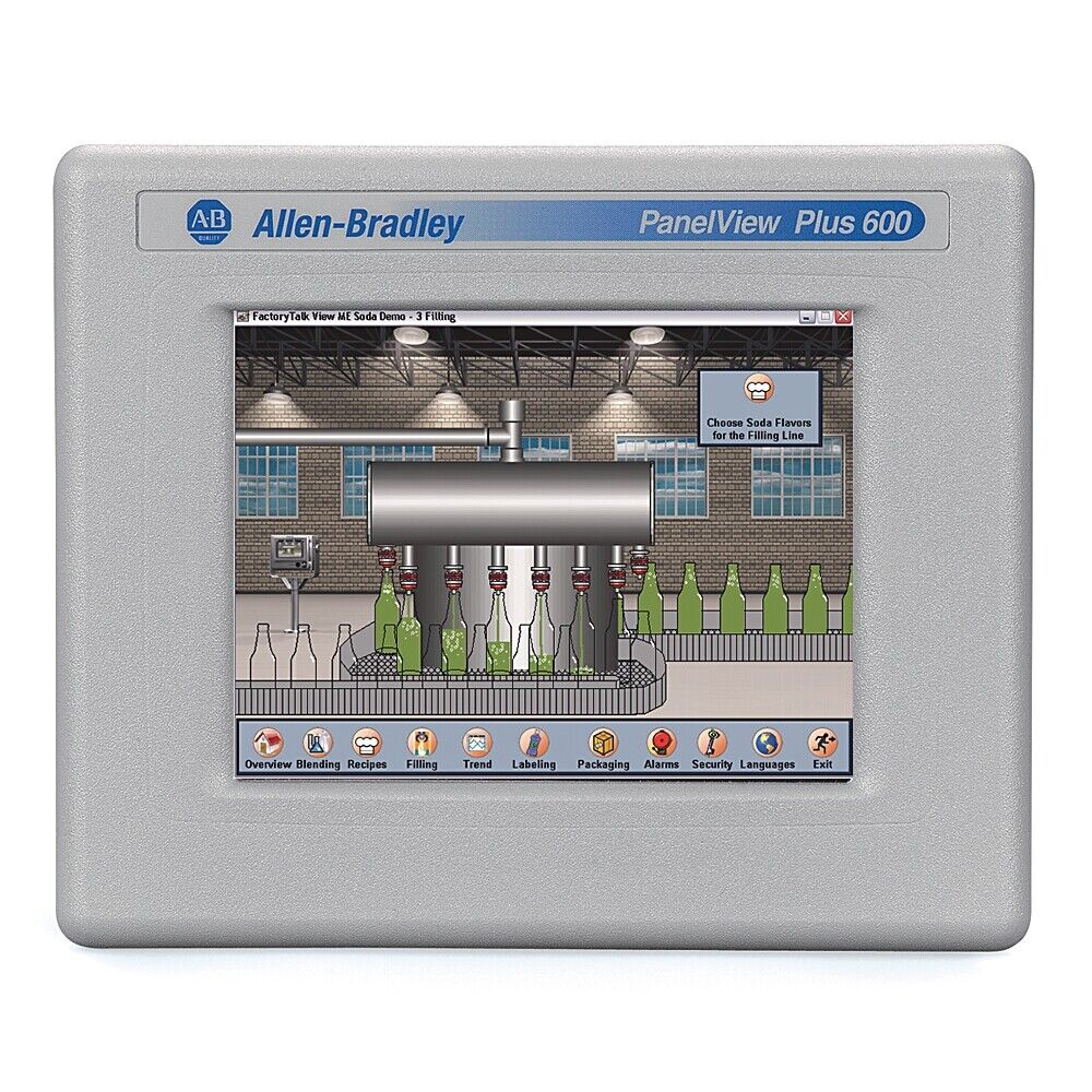 Allen-Bradley PanelView Plus 600 terminal showing FactoryTalk View ME demo for filling process control.