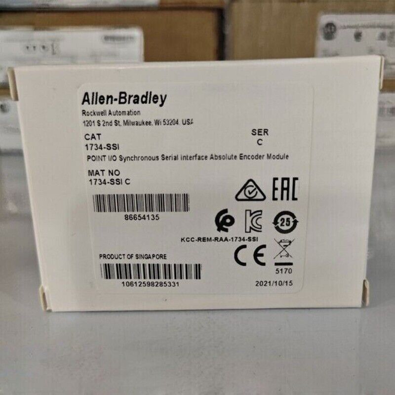 Allen-Bradley 1734-SSI Point I/O Encoder Module box, includes product information, catalog number, and certifications.