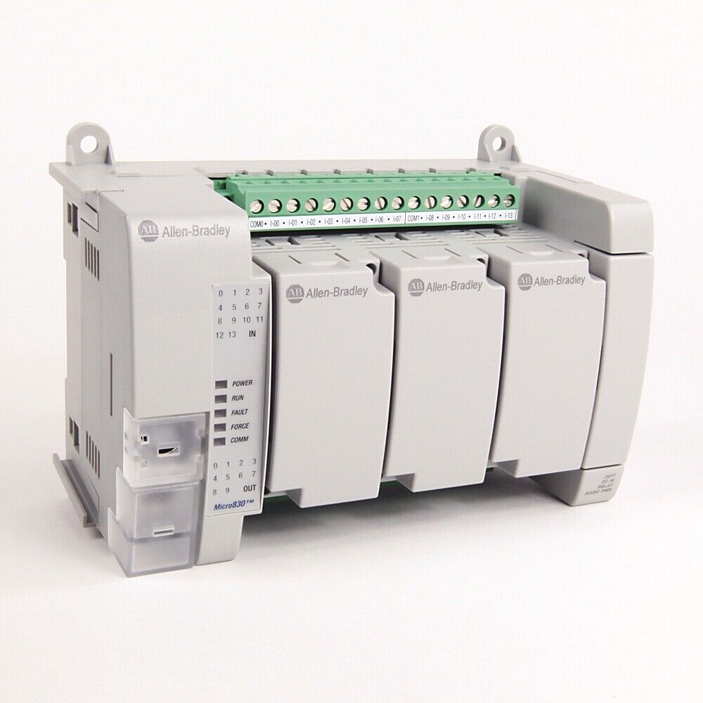 Allen-Bradley Micro830 24 I/O Controller. Gray industrial PLC module with green terminal blocks and input/output indicators.