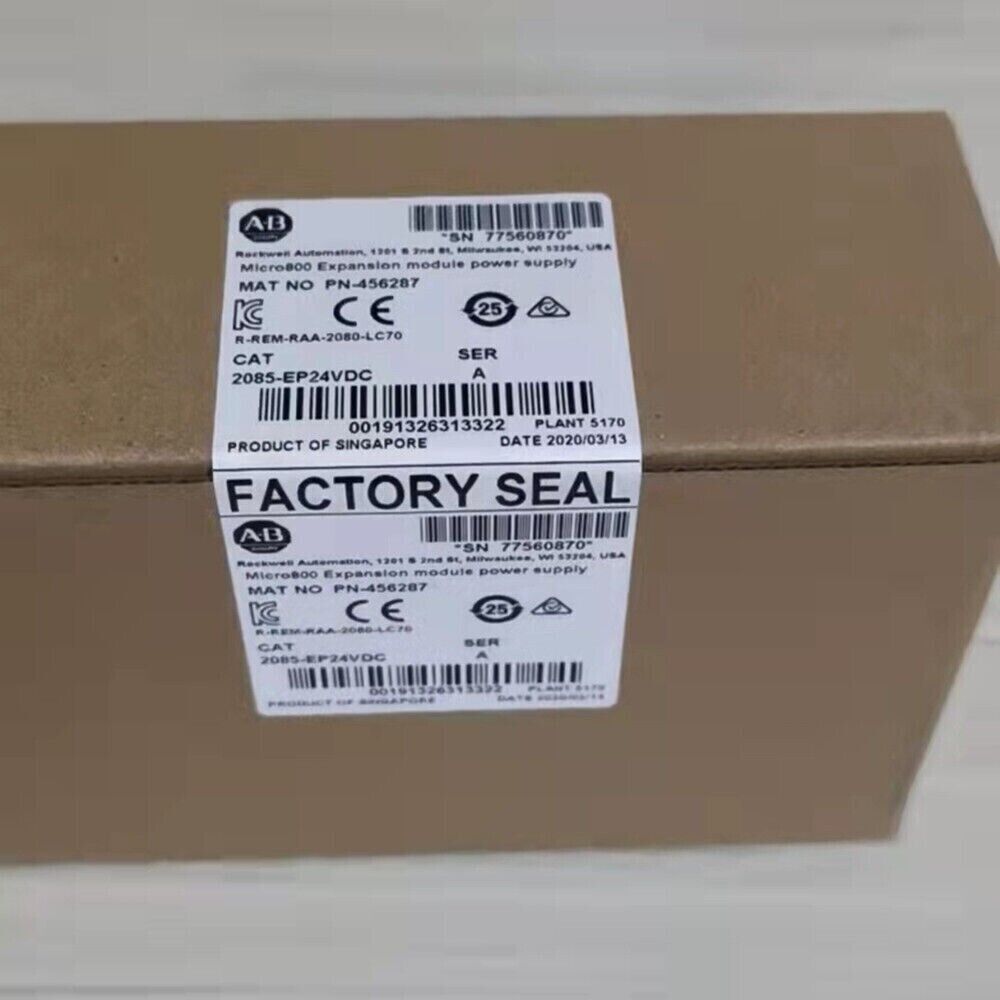 Allen-Bradley 2085-EP24VDC PLC module in factory sealed box. Includes part number, and Micro800 Expansion module.