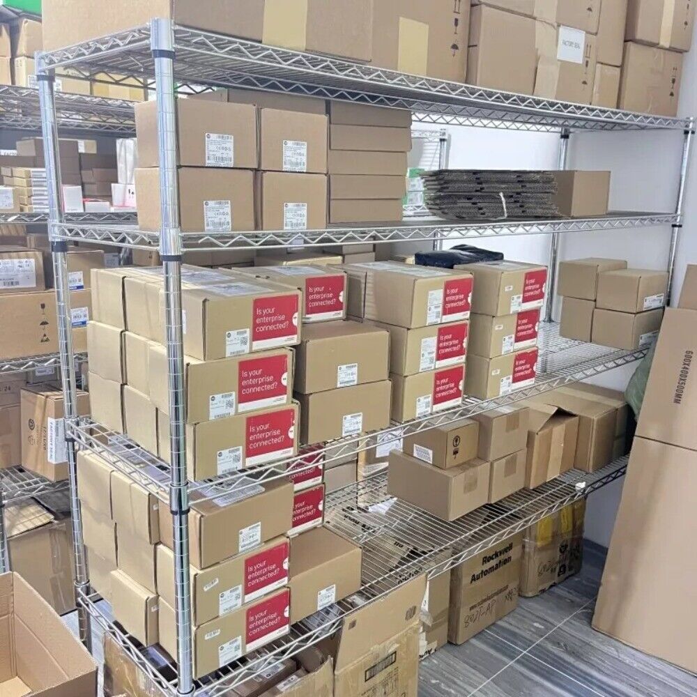 Allen-Bradley parts warehouse storage: Boxes on metal shelves, 'Is your enterprise connected?' labels.