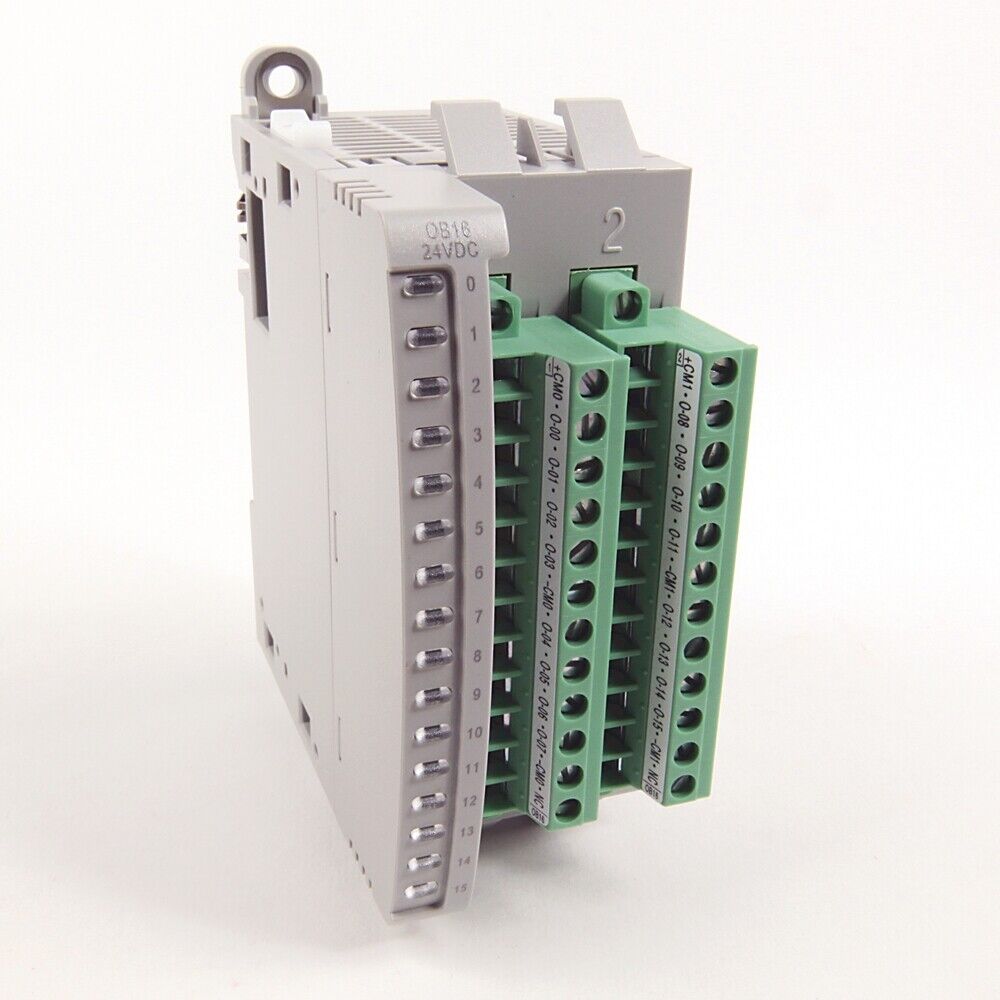 Allen-Bradley 2085-OB16 Micro800 Output Module. Features 16 point source outputs, 24VDC input, and terminal blocks.