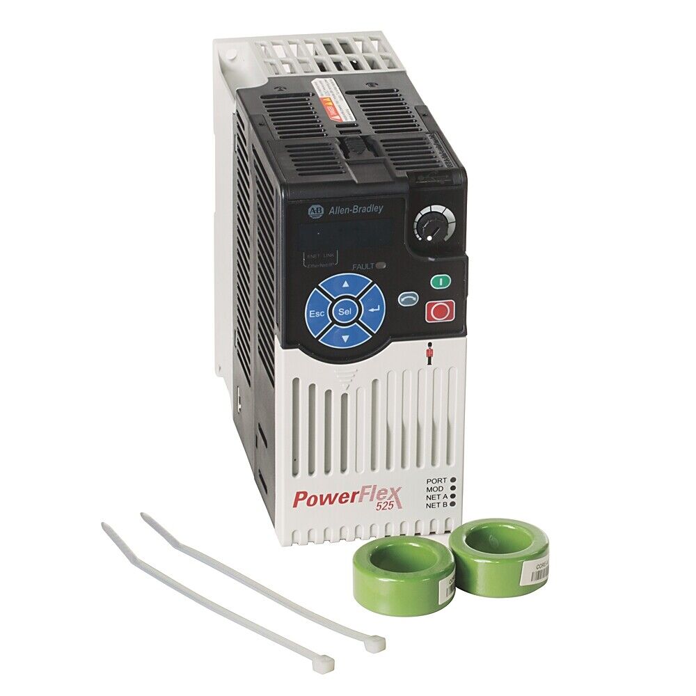 Allen-Bradley PowerFlex 525 AC Drive, black and white design with green components, suitable for small motor applications