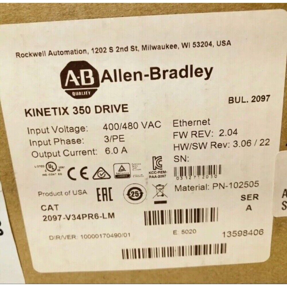 Allen-Bradley Kinetix 350 Drive 2097-V34PR6-LM label.  EtherNet/IP, 6A output, and technical specs.