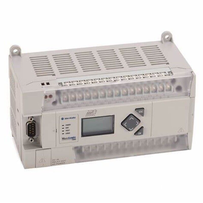 Allen-Bradley MicroLogix 1400 (1766-L32AWA) PLC Controller, compact design with LCD screen, Ethernet and communication ports.