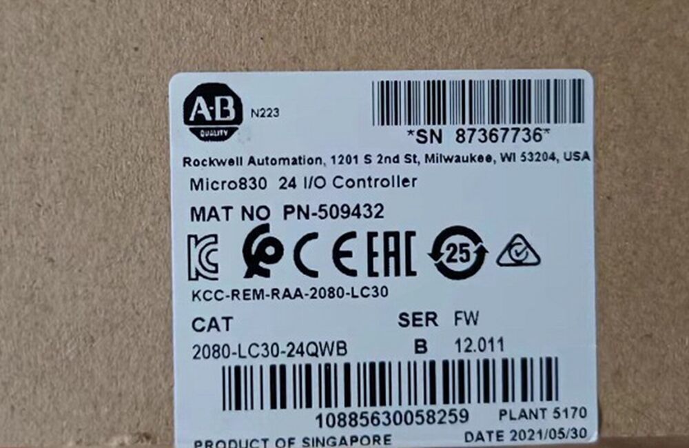 Allen-Bradley Micro830 24 I/O Controller label with product details and serial number.