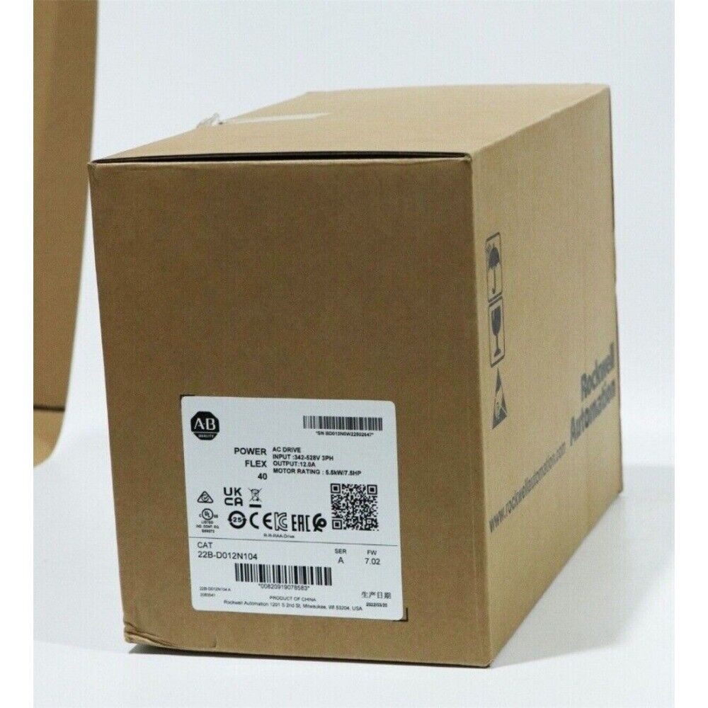 Allen-Bradley PowerFlex 40 AC Drive box, 22B-D012N104 model, product label visible, industrial automation part.