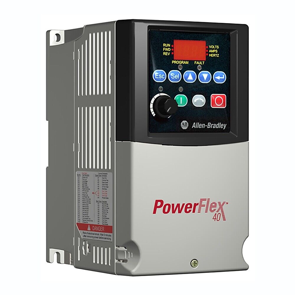 Allen-Bradley PowerFlex 40 AC drive, compact design, with control panel and display, ideal for motor control.