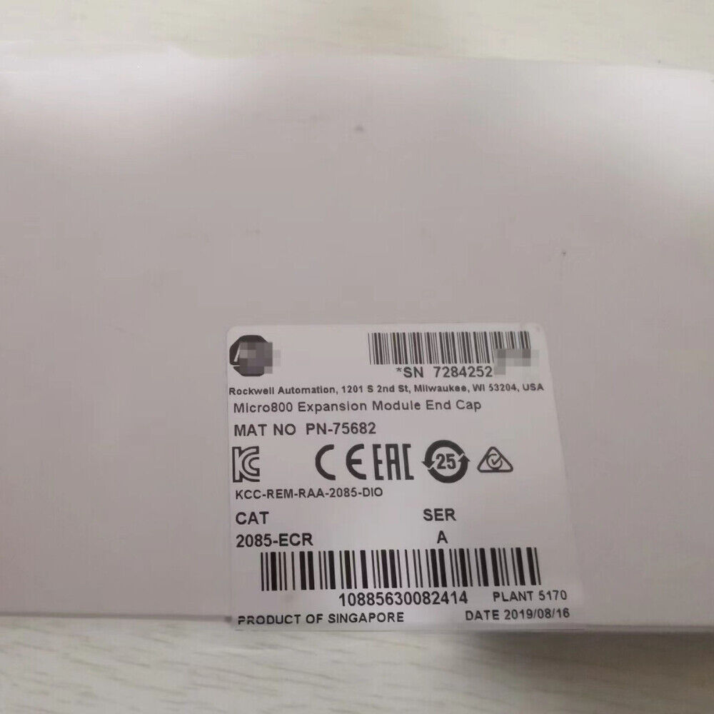 Allen-Bradley 2085-ECR end cap label: Micro800 module info, part number, and 'Product of Singapore'.