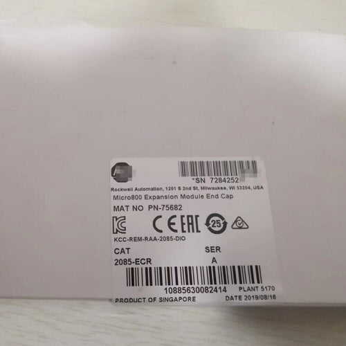 Allen-Bradley 2085-ECR end cap label: Micro800 module info, part number, and 'Product of Singapore'.