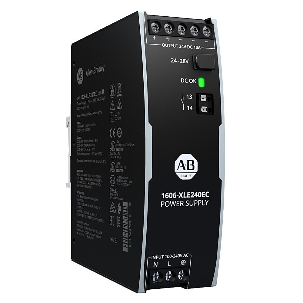 Allen-Bradley 1606-XLE240EC power supply, 24V DC, 10A, with DC OK indicator and input for 100-240V AC.