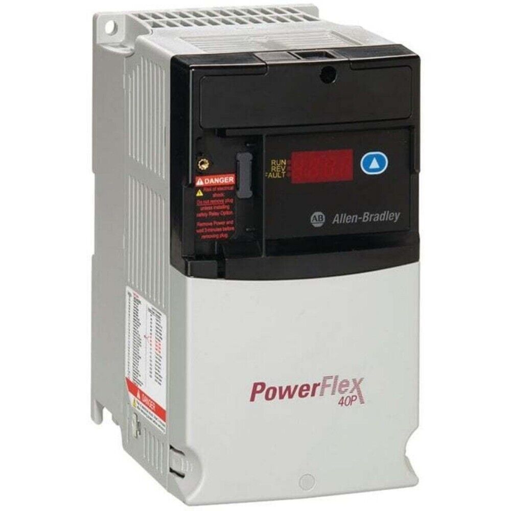 Allen-Bradley PowerFlex 40P AC Drive, industrial equipment, black and white. AB Allen-Bradley label, PowerFlex 40P logo