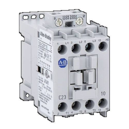 Allen-Bradley 100-C23D10 IEC Contactor, gray, with electrical terminals and the A-B logo.