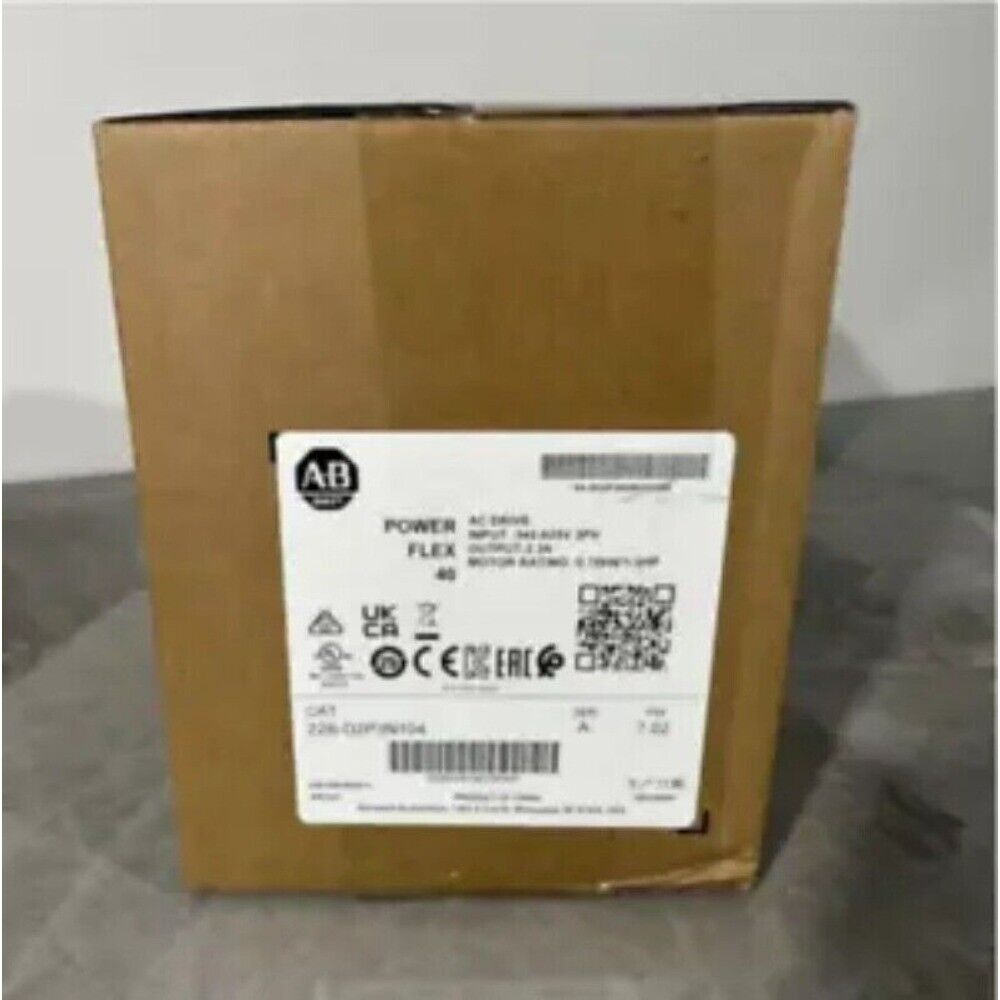 Allen-Bradley PowerFlex 40 AC drive packaging box, 22B-D2P3N104 model, brown cardboard.