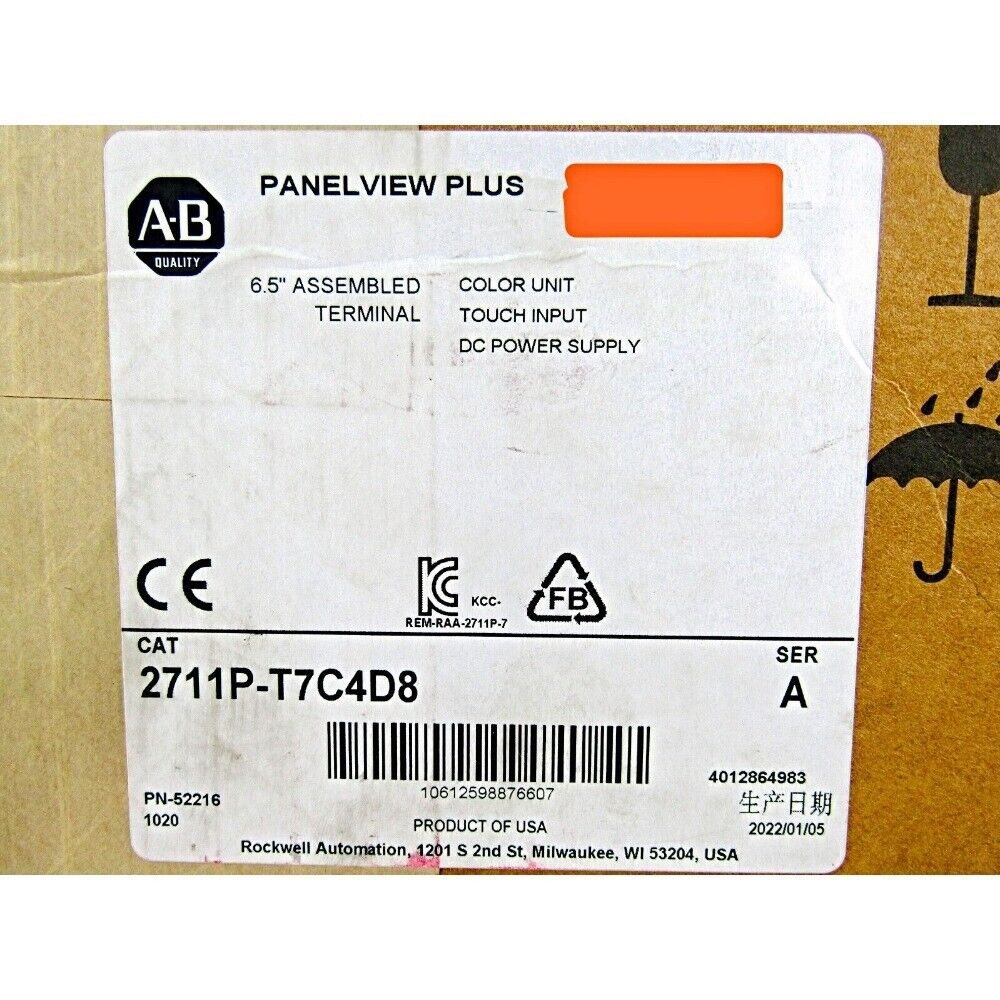 Allen-Bradley PanelView Plus 6 700, 2711P-T7C4D8, assembled terminal, color unit with touch input, DC power supply.