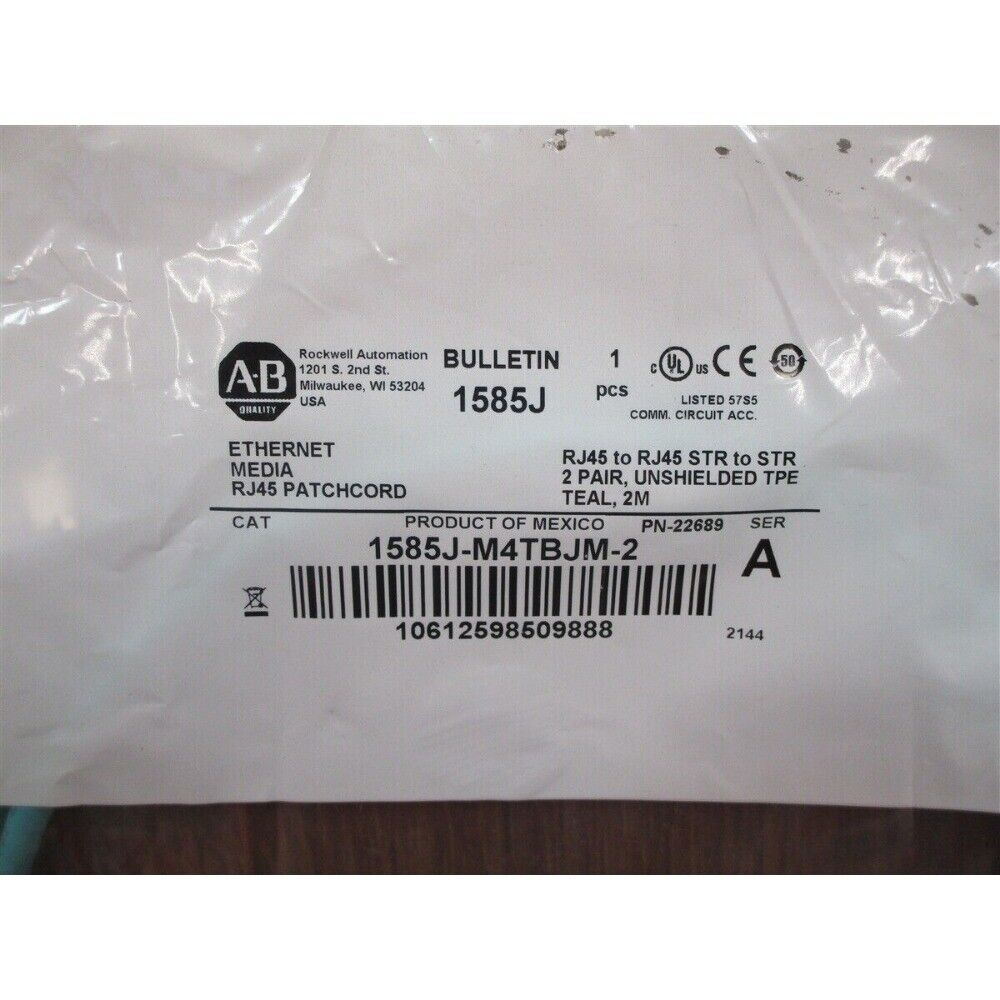 Allen-Bradley 1585J-M4TBJM-2 Ethernet RJ45 Patchcord, Teal 2M, product label view