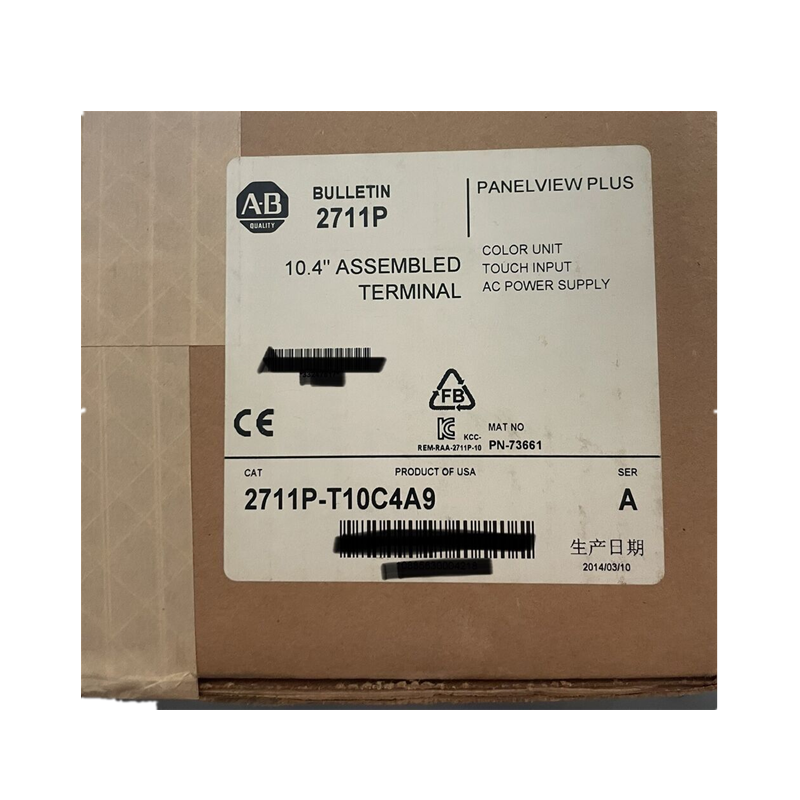 Allen-Bradley 2711P-T10C4A9 PanelView Plus 6, product label details: 10.4" terminal, touch input, production date.