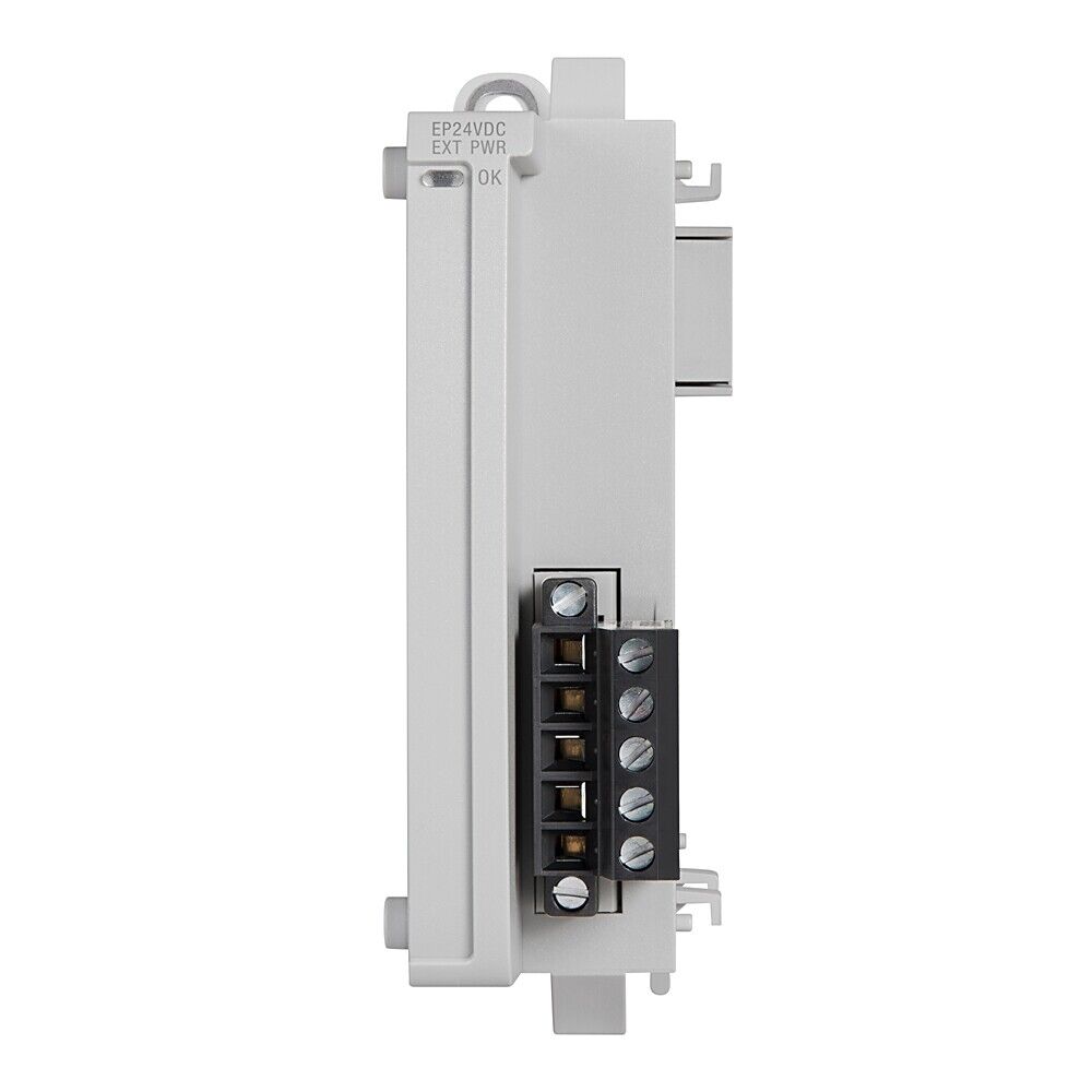 Allen-Bradley 2085-EP24VDC PLC module side view, showing terminal block and status indicators: EP24VDC, EXT PWR, OK