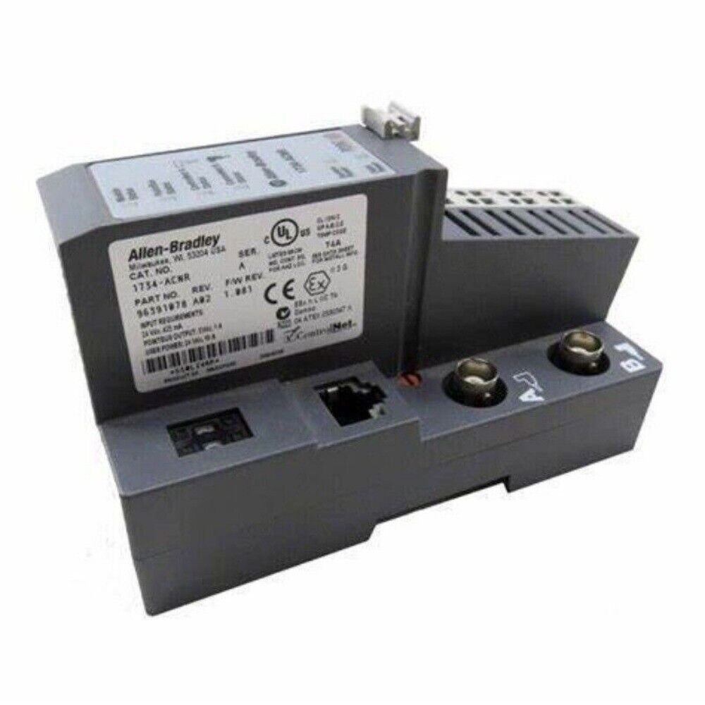 Allen-Bradley 1734-ACNR Point I/O ControlNet Network Adapter, gray module with BNC connectors, DIN rail mountable