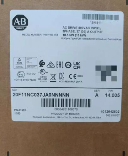 Allen-Bradley PowerFlex 753 AC Drive, 20F11NC037JA0NNNNN. 18.5kW, 3-Phase, new in box. Industrial automation part.
