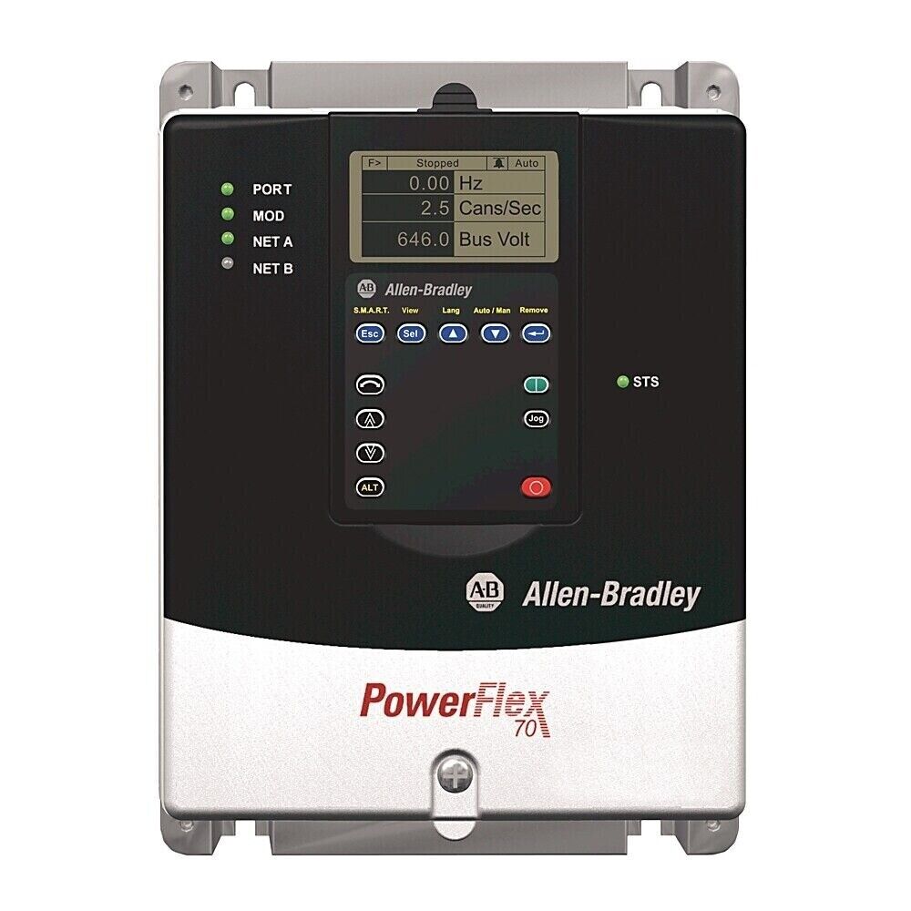 Allen-Bradley PowerFlex 70 AC Drive. Displays Hz, Cans/Sec, and Bus Volt metrics.