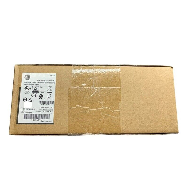 Allen-Bradley Kinetix 5100 Servo Drive box, 2198-E1007-ERS, 200V, with safety certifications and product details.