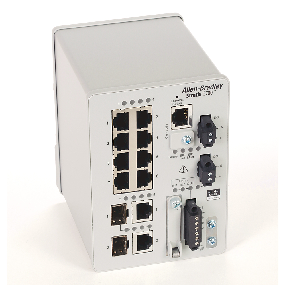 Allen-Bradley Stratix 5700 Ethernet Switch with multiple ports and Cisco technology for industrial networks.