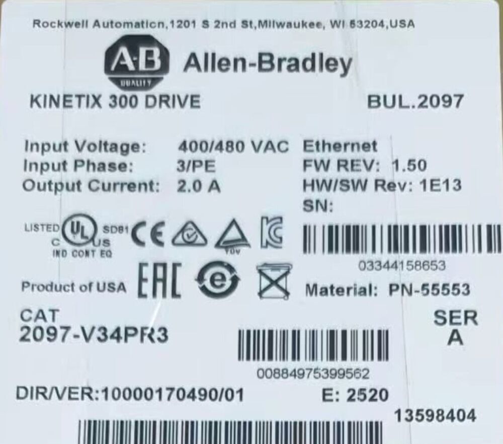 Allen-Bradley Kinetix 300 Drive label: 2097-V34PR3, specifications, and industrial servo drive certifications.