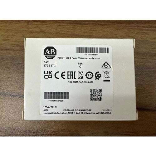 Allen-Bradley 1734-IT2I POINT I/O Thermocouple Input Module, product label showing specifications and certifications.