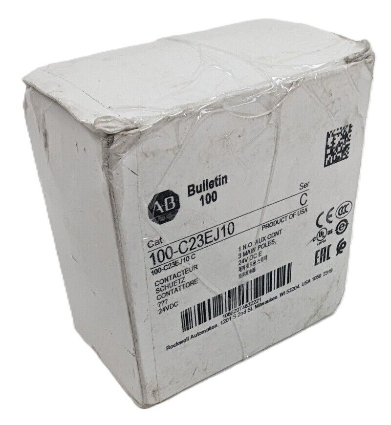 Allen-Bradley 100-C23EJ10 contactor box: 23A, 24V DC, 3 main poles, IEC, auxiliary contact, for industrial automation.