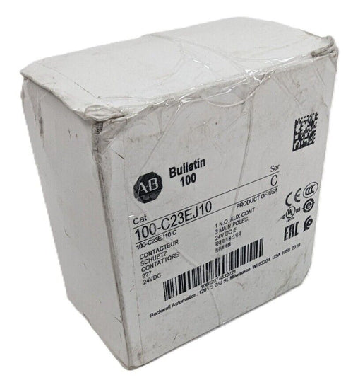 Allen-Bradley 100-C23EJ10 contactor box: 23A, 24V DC, 3 main poles, IEC, auxiliary contact, for industrial automation.