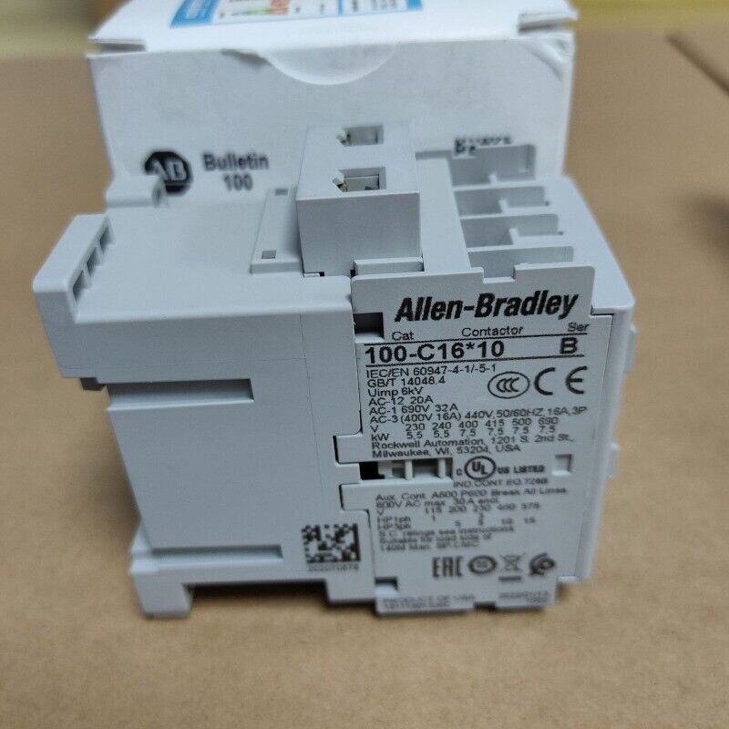 Allen-Bradley 100-C16*10 IEC Contactor, 16A, 3-pole, factory sealed, with product specifications and certifications label.
