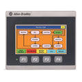Allen-Bradley PanelView 800 HMI showing machine state, with touchscreen and function keys.