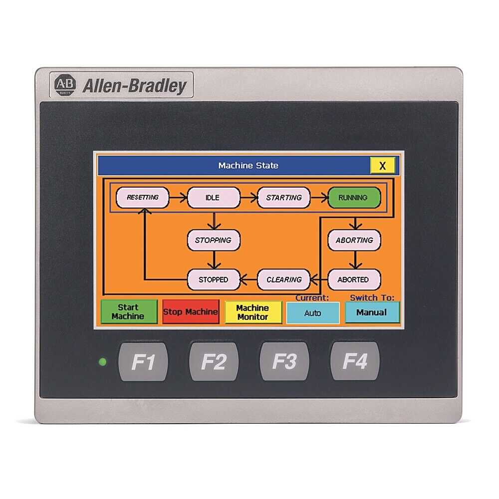 Allen-Bradley PanelView 800 HMI showing machine state, with touchscreen and function keys.