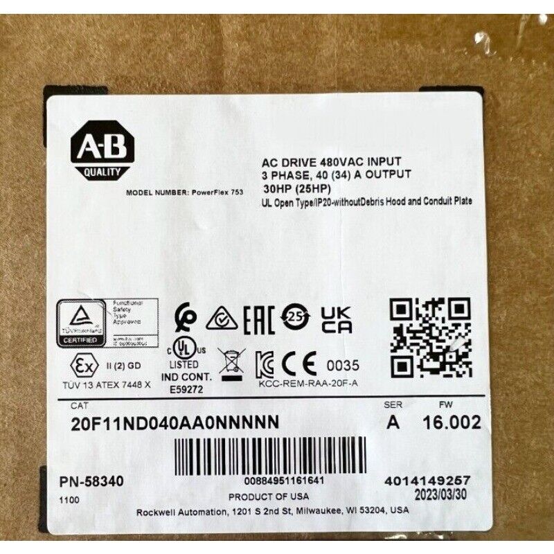 Allen-Bradley PowerFlex 753 AC Drive Label, 480VAC Input, 30HP, Model 20F11ND040AA0NNNNN