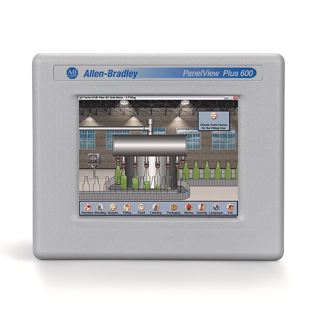 Allen-Bradley PanelView Plus 600 graphic terminal displaying a soda filling line interface.