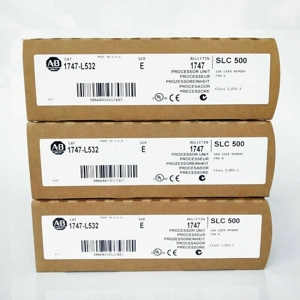Allen-Bradley 1747-L532 SLC 500 Processor Units stacked in boxes, with model numbers and specifications visible.