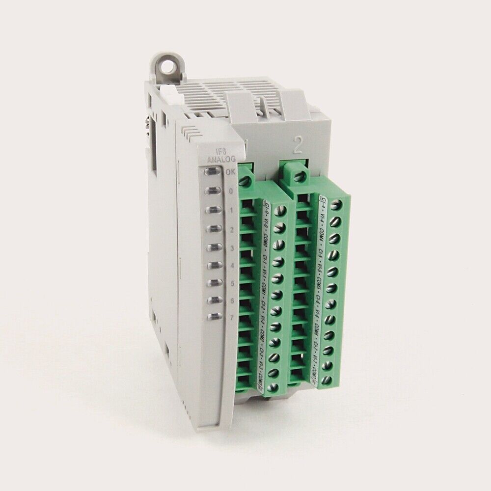 Allen-Bradley 2085-IF8 Micro800 8 Point Analog Input Module. Gray and green PLC component.