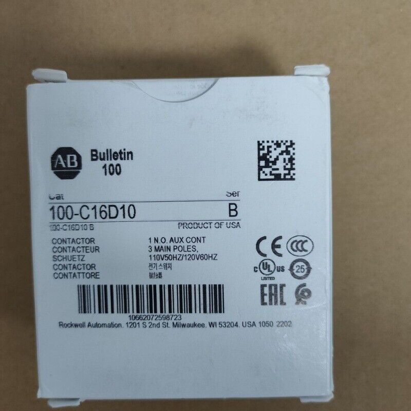 Allen-Bradley 100-C16D10 Contactor product label, featuring specifications, certifications, and manufacturing details.