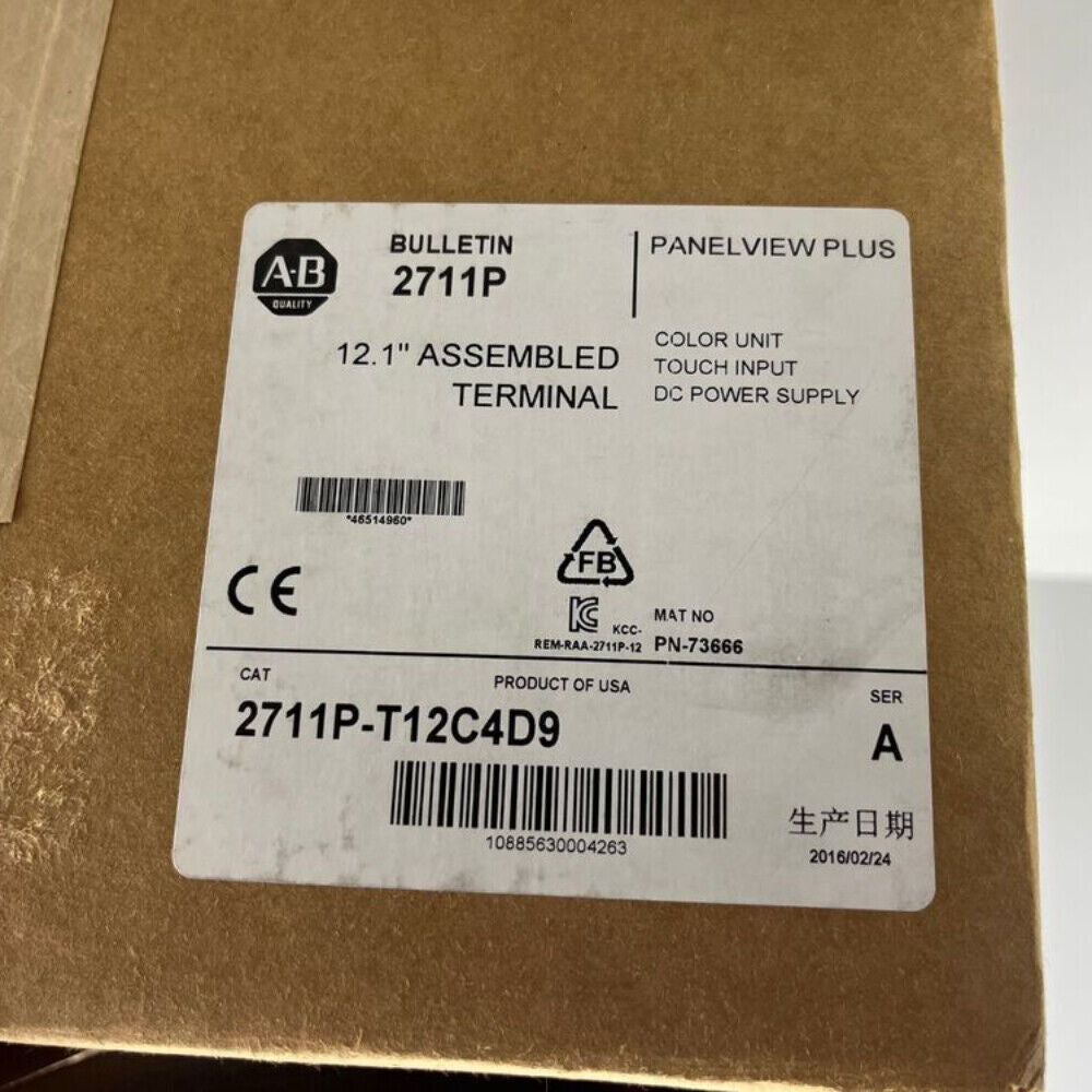 Allen-Bradley 2711P-T12C4D9 PanelView Plus 7 label: 12.1" terminal, color touch input, DC power. Industrial automation part.