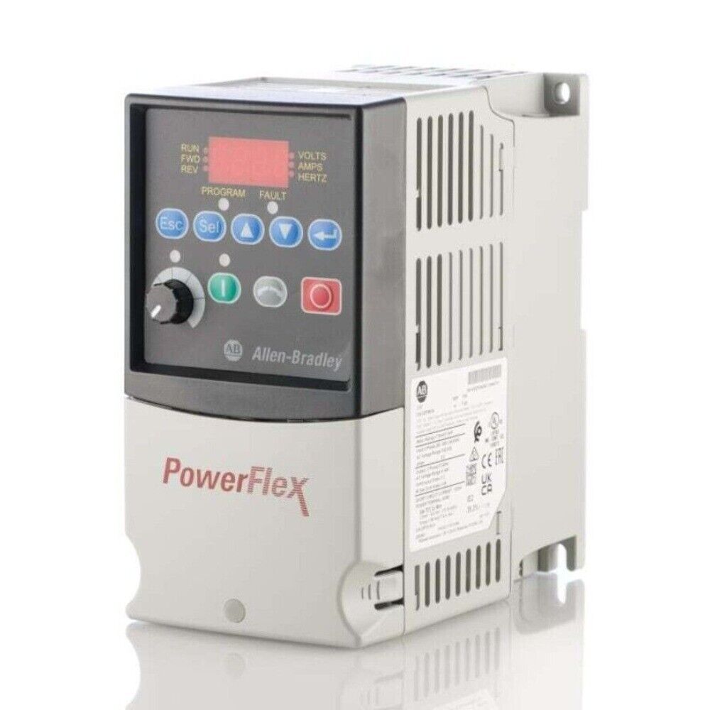 Allen-Bradley PowerFlex 40 AC drive, gray enclosure, LED display, and control buttons, RS-485 Modbus RTU communication port.