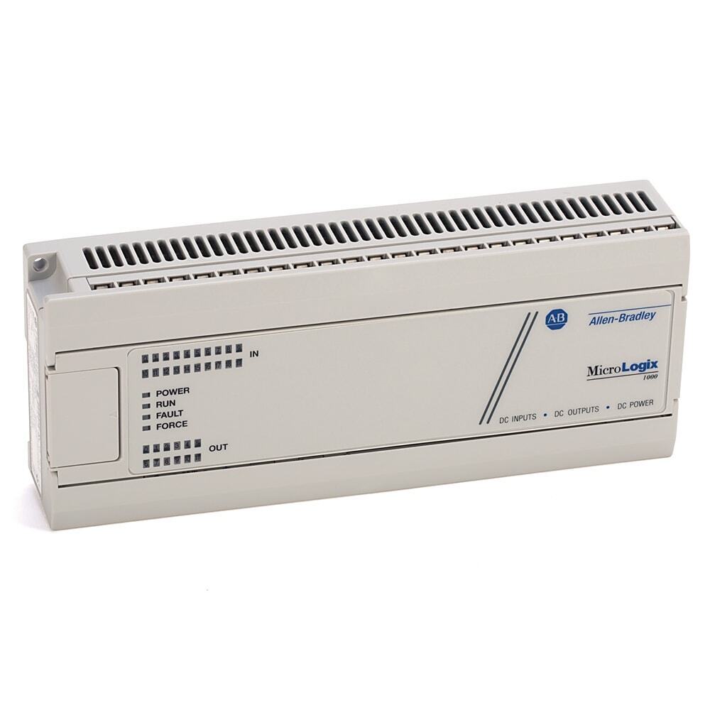 Allen-Bradley MicroLogix 1000 PLC controller. Features include DC inputs, outputs, and power indicators.