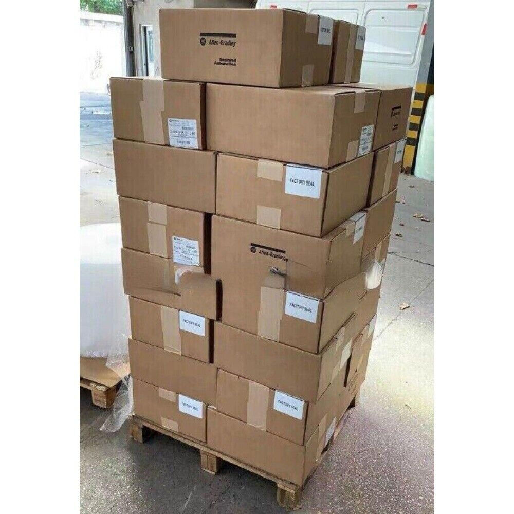Pallet of Allen-Bradley PowerFlex 70 AC Drive boxes, labeled with factory seals.