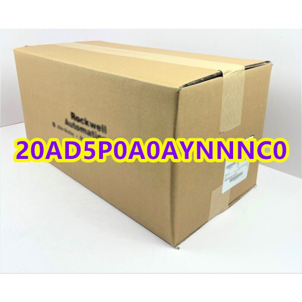 Allen-Bradley 20AD5P0A0AYNNNC0 PLC in its original cardboard box, product code visible.