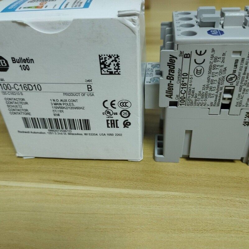 Allen-Bradley 100-C16D10 IEC Contactor, 16A, with certifications and specifications label, and product box.
