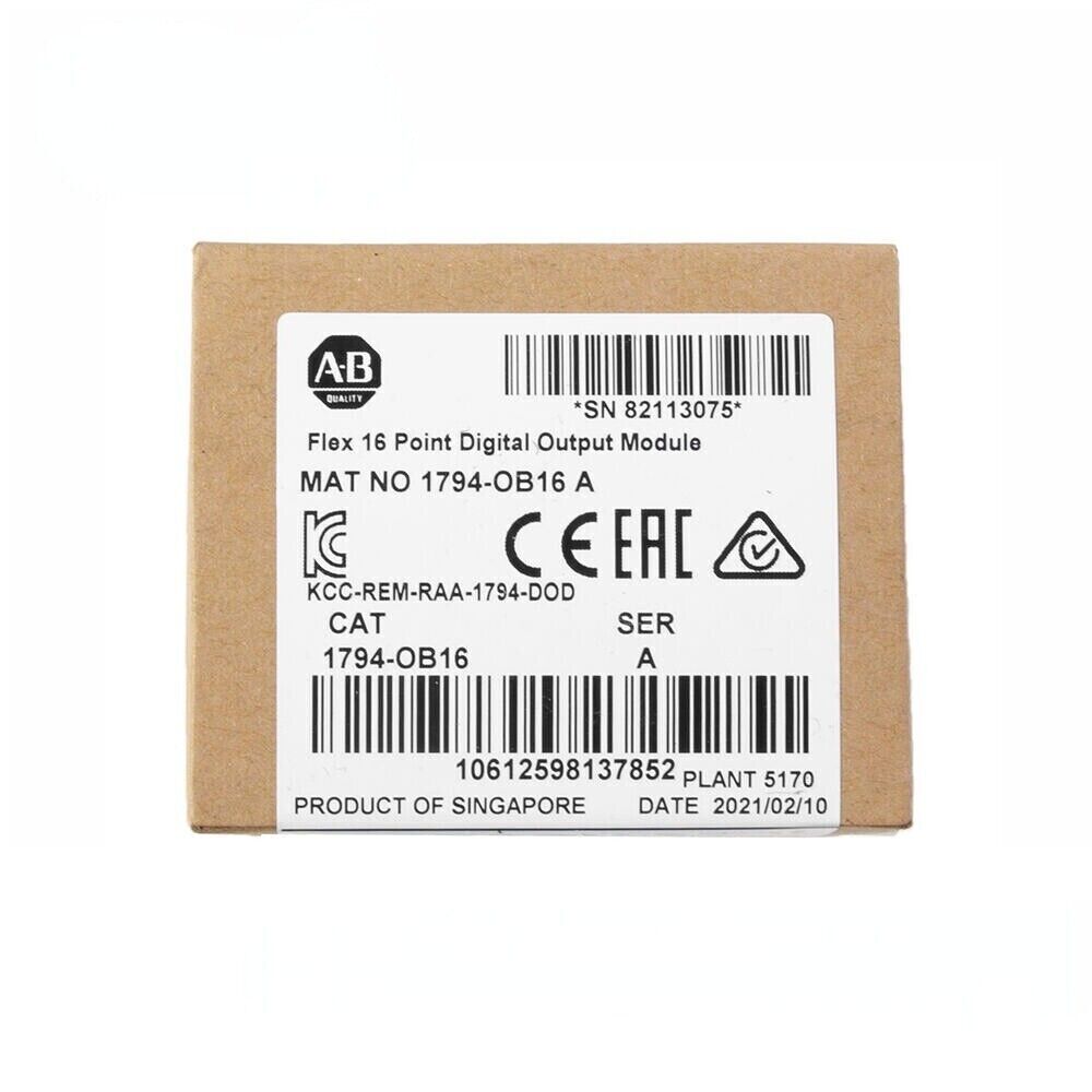 Allen-Bradley 1794-OB16 FLEX I/O Digital Output Module box, features product information, and certifications.